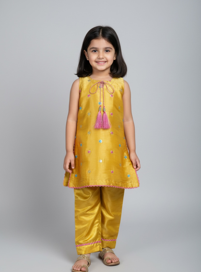 Mustard Floral Scatter Kurta Set