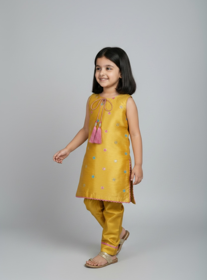 Mustard Floral Scatter Kurta Set