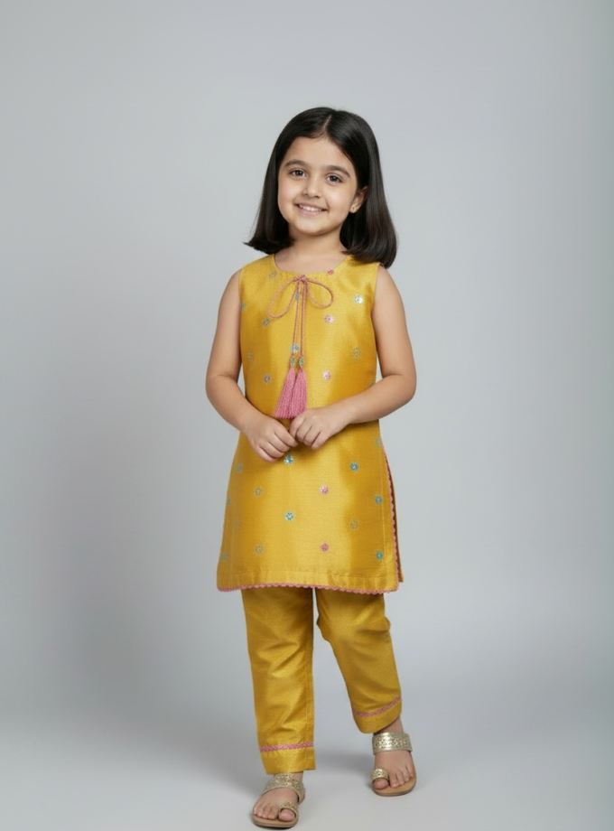 Mustard Floral Scatter Kurta Set