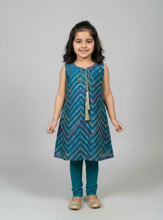 Teal Chevron Embroidered Kurta Set