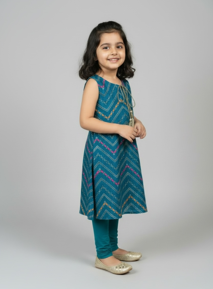 Teal Chevron Embroidered Kurta Set