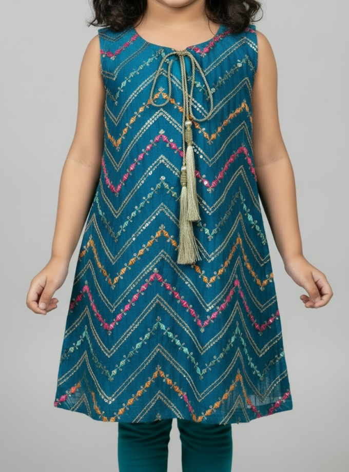 Teal Chevron Embroidered Kurta Set