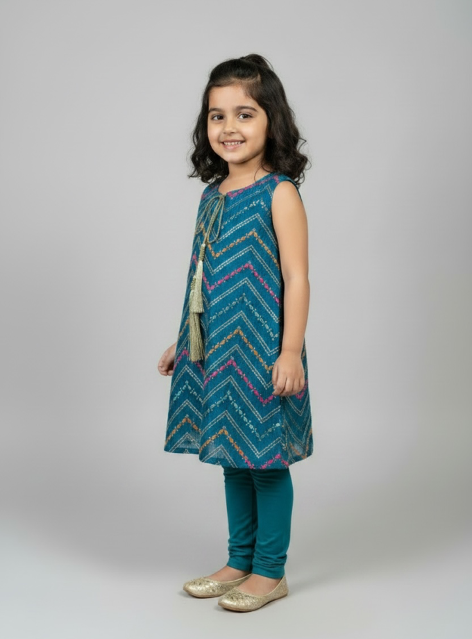 Teal Chevron Embroidered Kurta Set