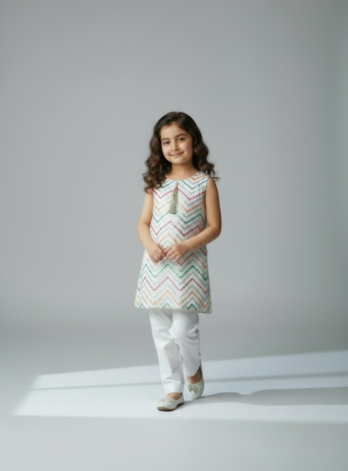Ivory Chevron Embroidered Kurta Set