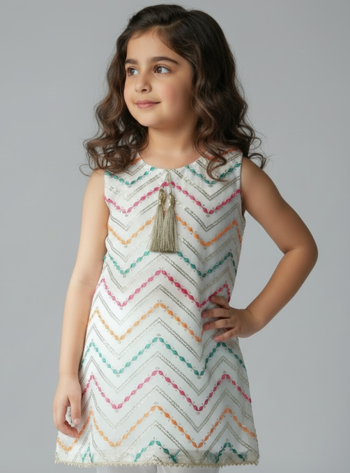 Ivory Chevron Embroidered Kurta Set