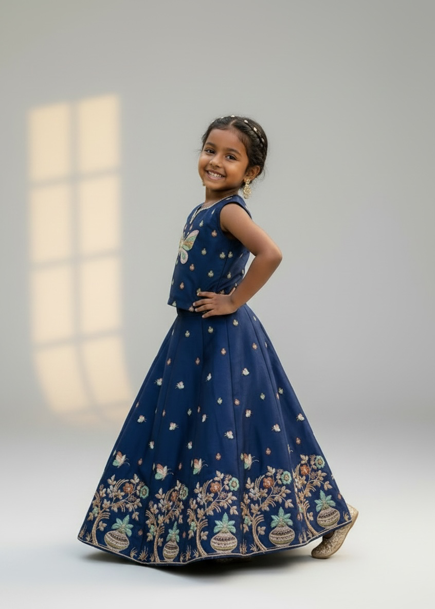 Navy Butterfly Embroidered Lehenga - Image 2