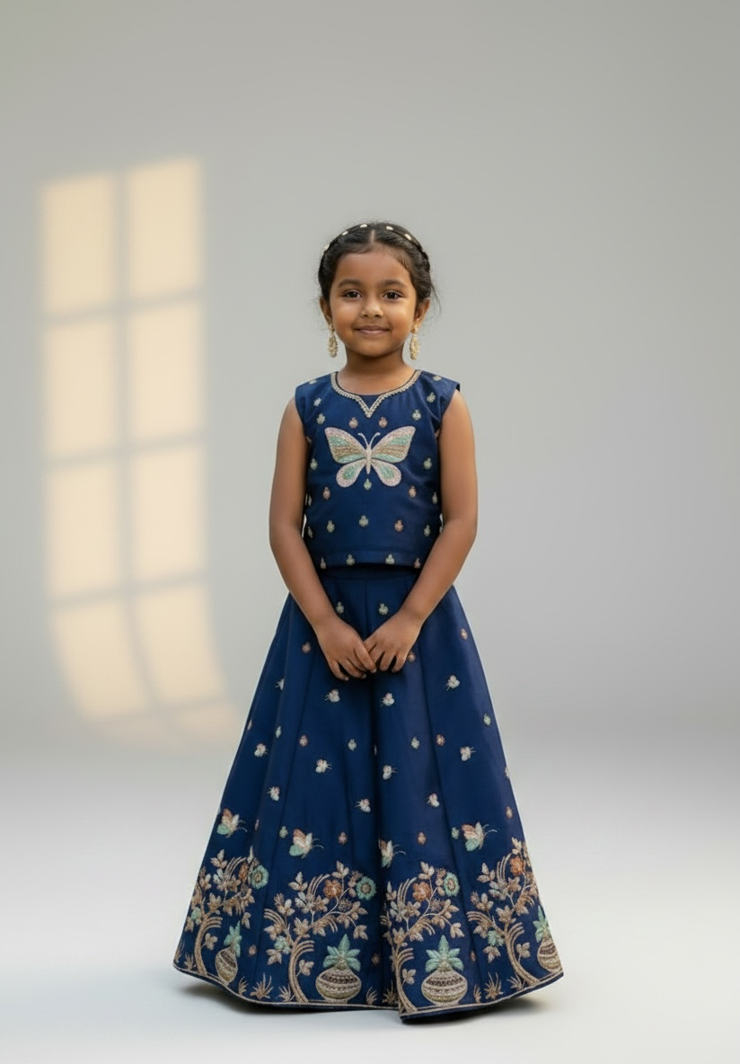 Navy Butterfly Embroidered Lehenga - Image 3