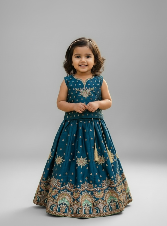 Teal V-Neck Embroidered Lehenga