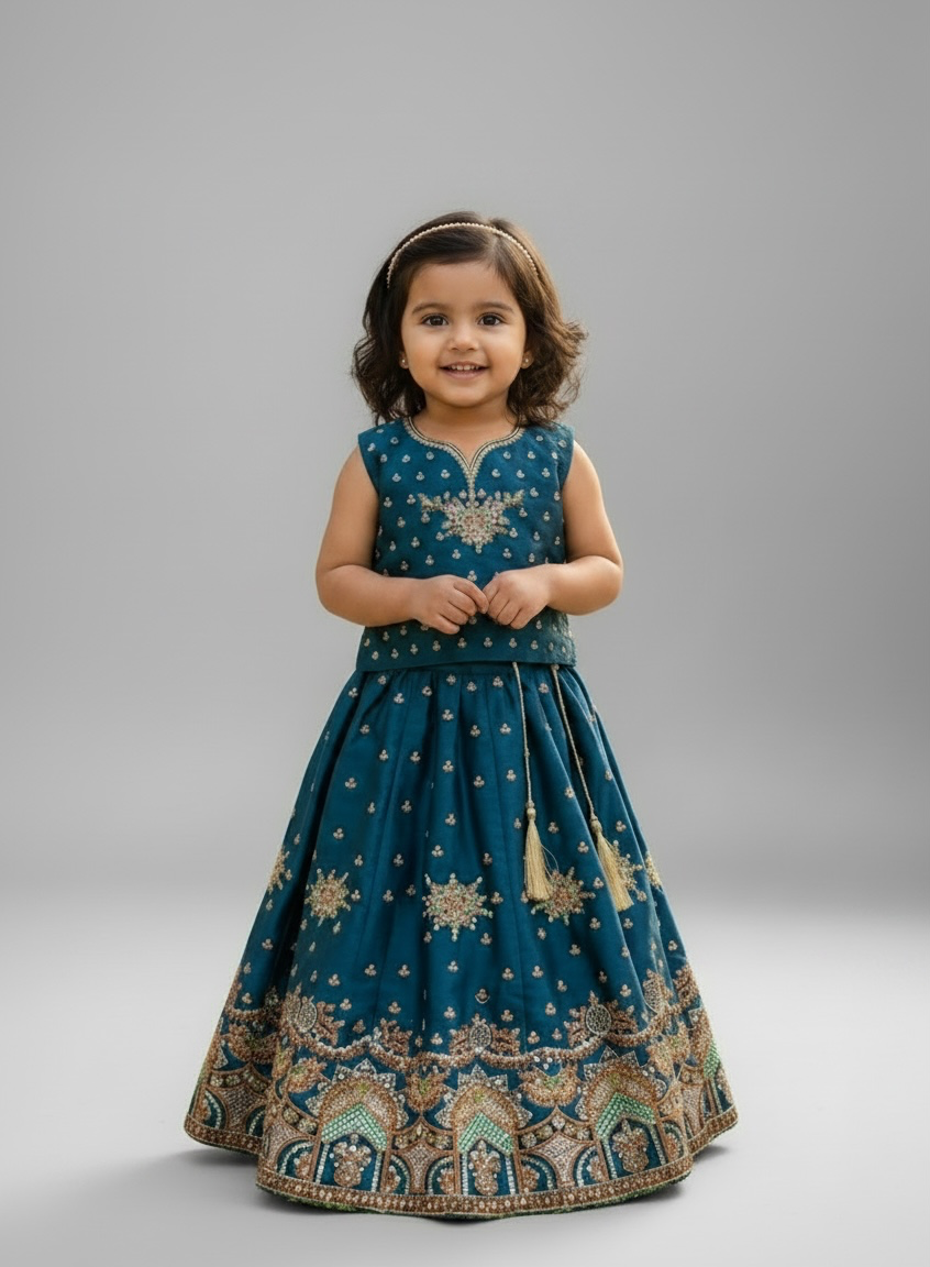 Teal V-Neck Embroidered Lehenga