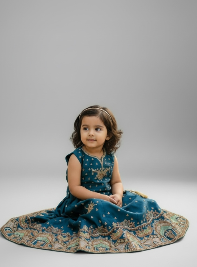 Teal V-Neck Embroidered Lehenga