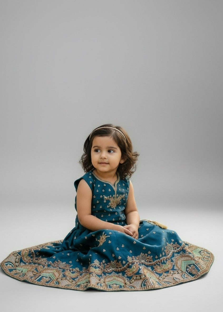 Teal V-Neck Embroidered Lehenga - Image 3