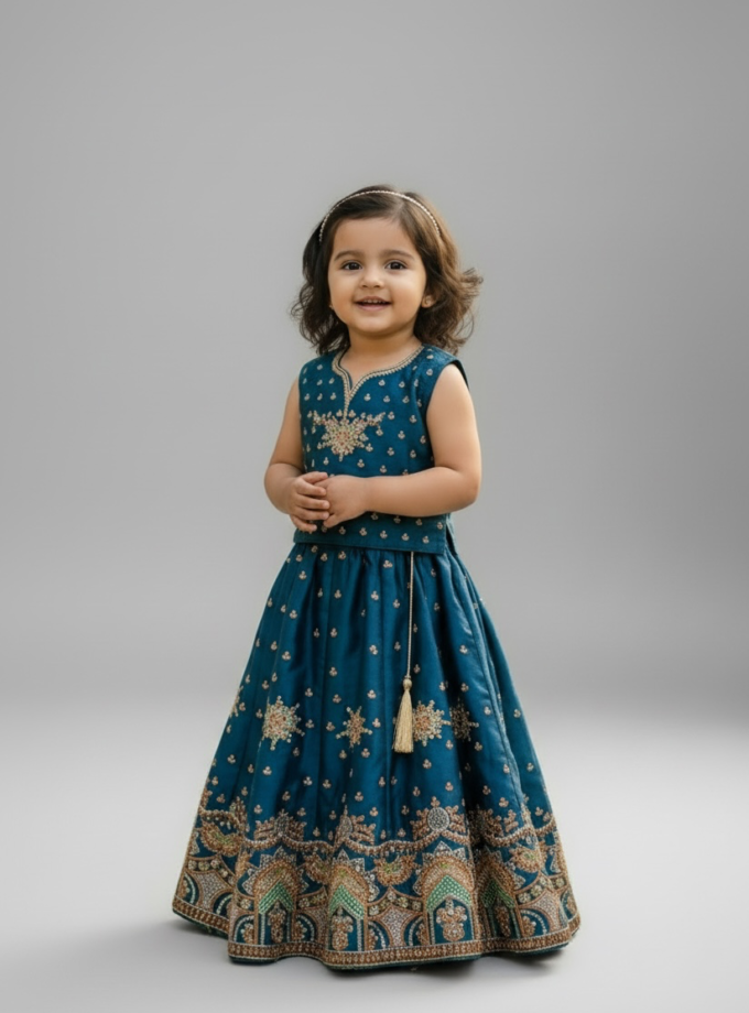 Teal V-Neck Embroidered Lehenga