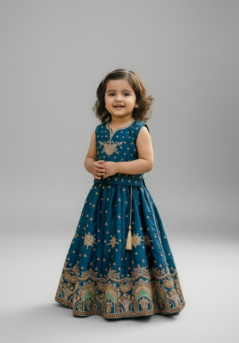 Teal V-Neck Embroidered Lehenga - Image 2