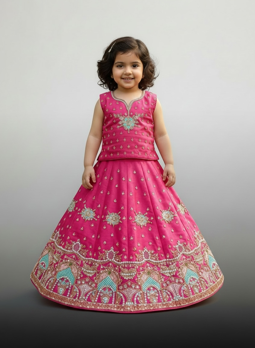 Fuchsia V-Neck Line Embroidered Lehenga