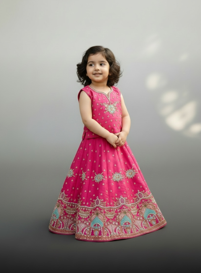 Fuchsia V-Neck Line Embroidered Lehenga