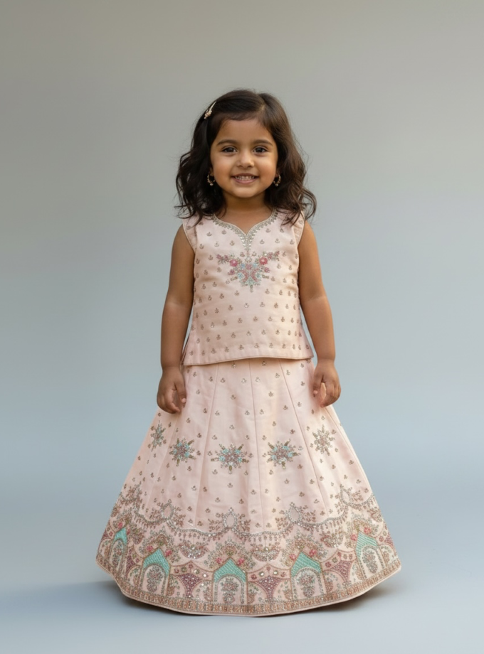 Blush Pink V-Neck Line Embroidered Lehenga
