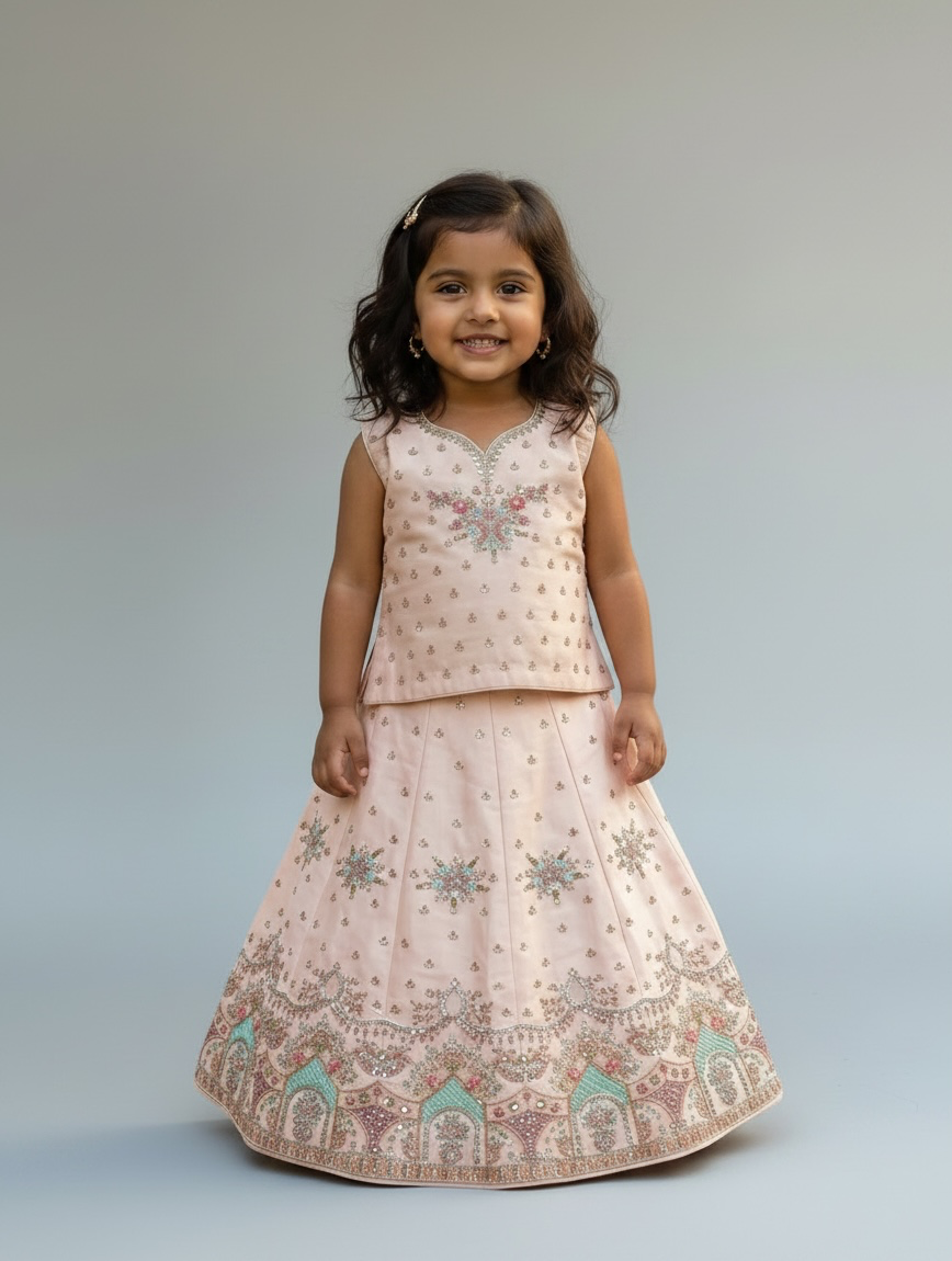 Blush Pink V-Neck Line Embroidered Lehenga