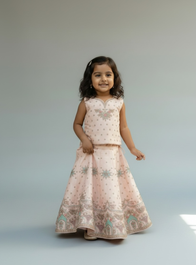 Blush Pink V-Neck Line Embroidered Lehenga