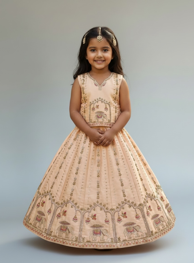 Peach Elephant Motif Embroidered Lehenga