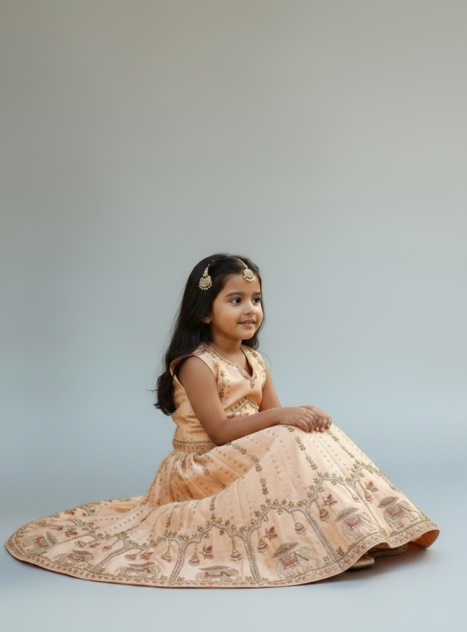 Peach Elephant Motif Embroidered Lehenga