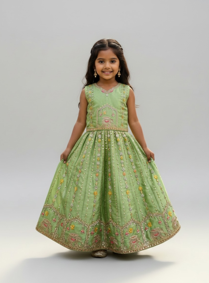 Sage Green Elephant Motif Embroidered Lehenga