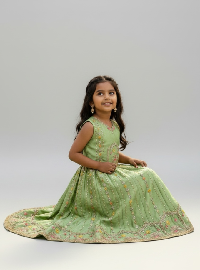 Sage Green Elephant Motif Embroidered Lehenga