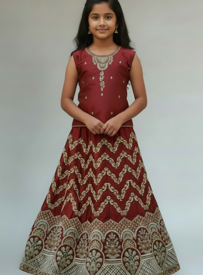 Maroon Chevron Embroidered Lehenga