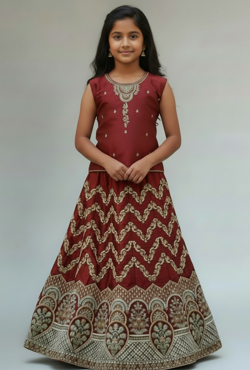 Maroon Chevron Embroidered Lehenga