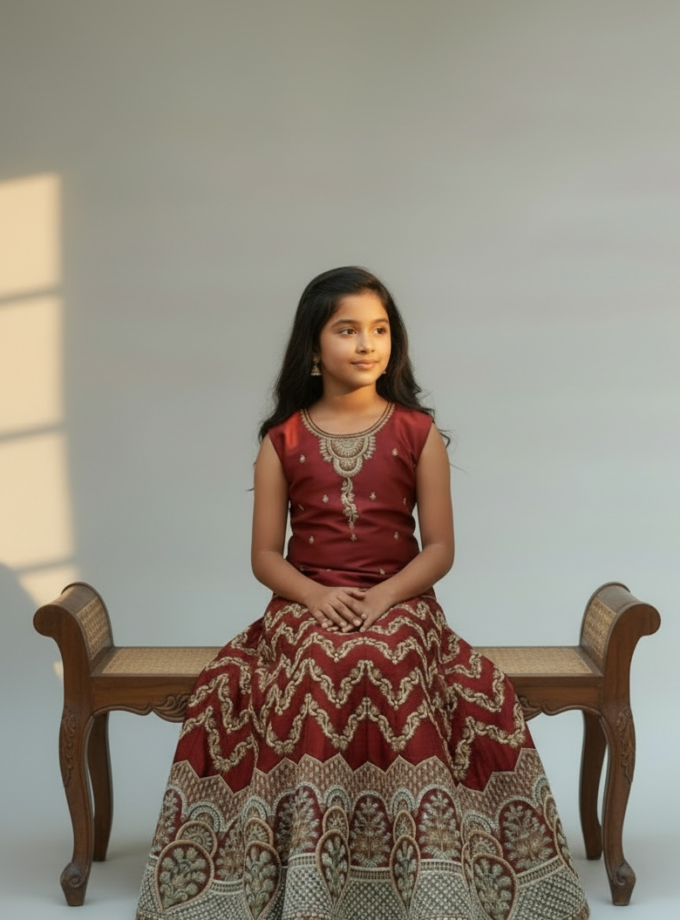 Maroon Chevron Embroidered Lehenga