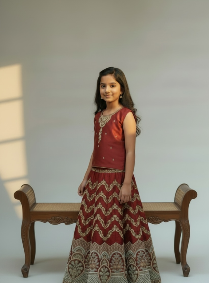 Maroon Chevron Embroidered Lehenga