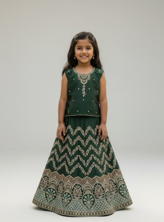 Green Chevron Embroidered Lehenga