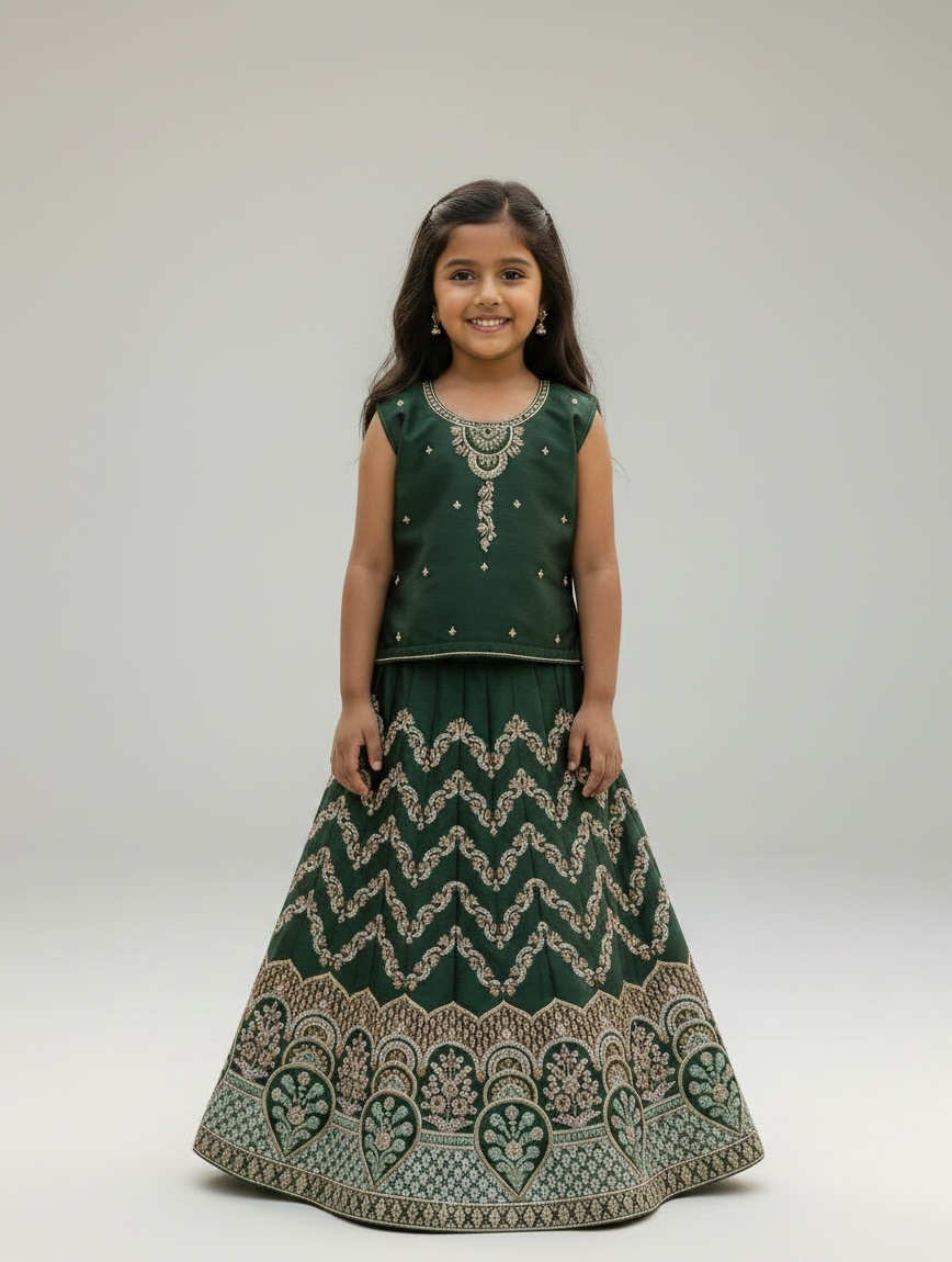 Green Chevron Embroidered Lehenga