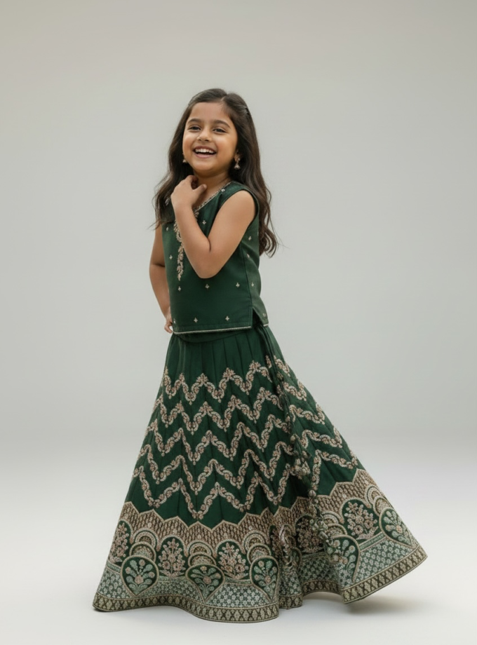 Green Chevron Embroidered Lehenga