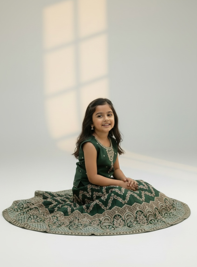 Green Chevron Embroidered Lehenga