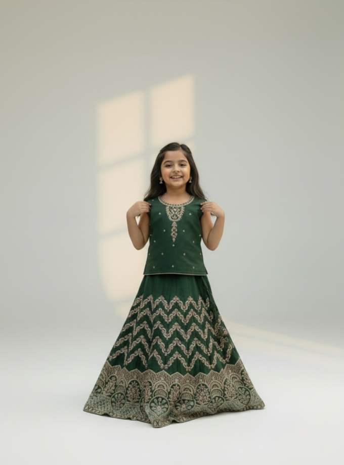 Green Chevron Embroidered Lehenga