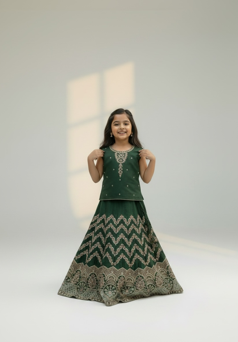 Green Chevron Embroidered Lehenga - Image 4