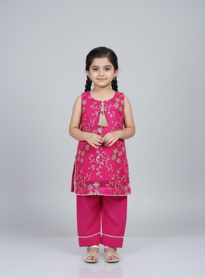 Magenta Gold Sequin Floral Kurta Set