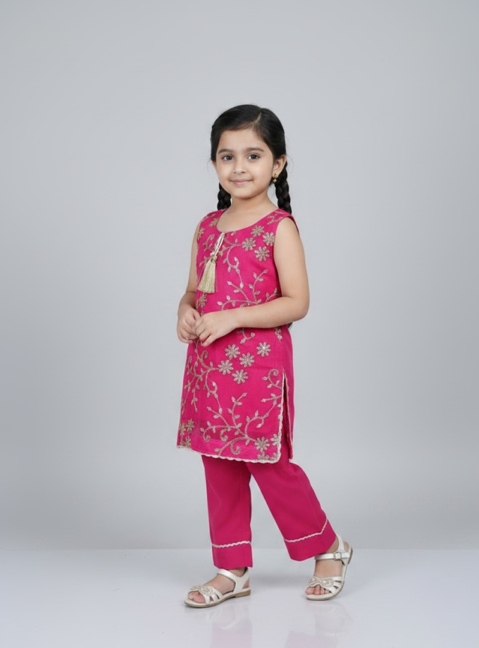 Magenta Gold Sequin Floral Kurta Set