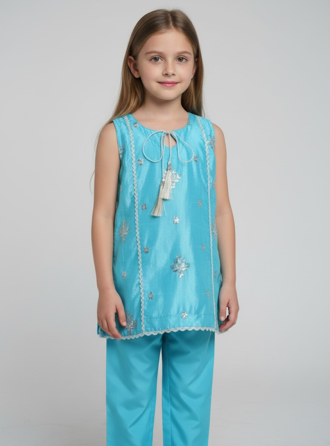 Turquoise Silver Floral Kurta Set
