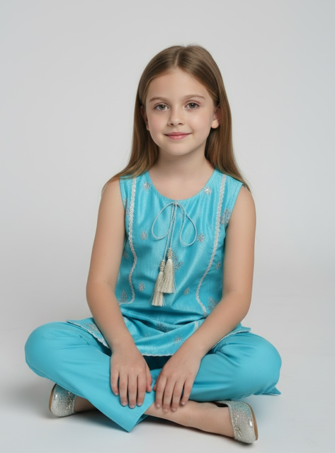 Turquoise Silver Floral Kurta Set