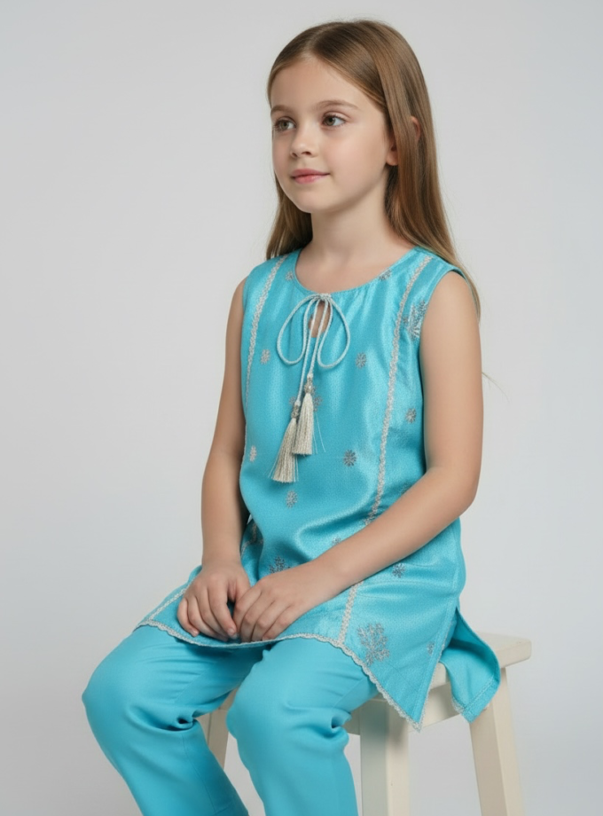Turquoise Silver Floral Kurta Set