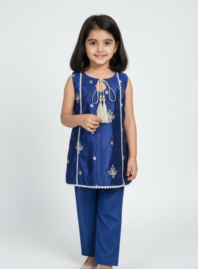 Navy Silver Floral Kurta Set