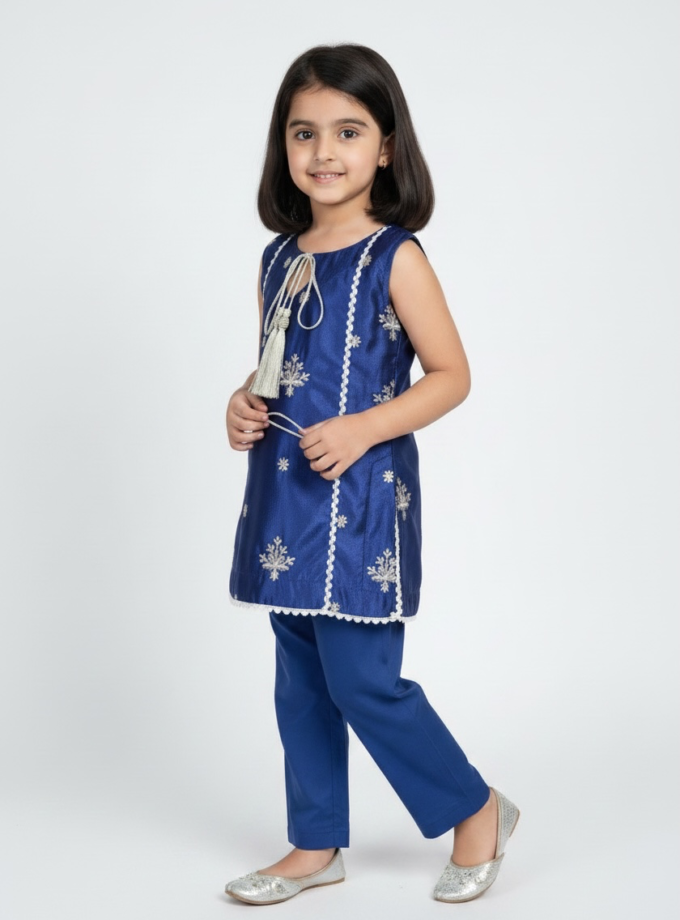 Navy Silver Floral Kurta Set